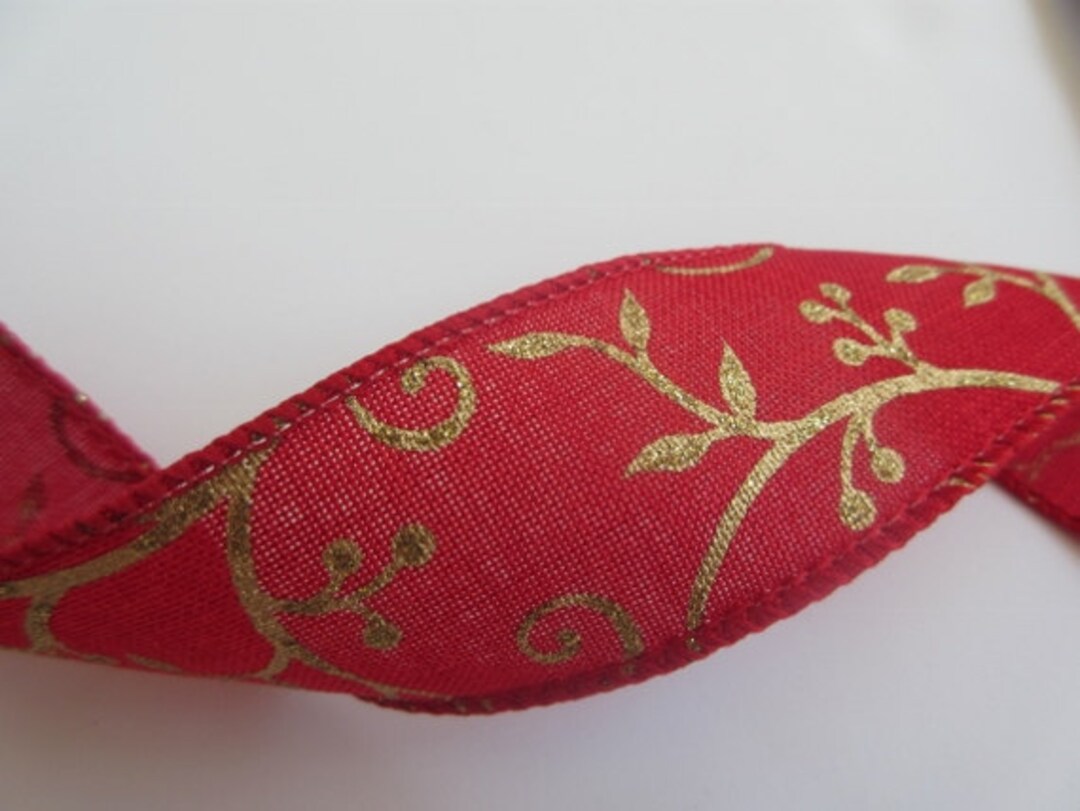 Red Ribbon With Gold Scroll Metallic Ribbon Wired 2 1/2 