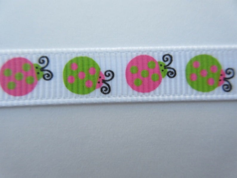 Ladybug Ribbon 3/8 inch wide Grosgrain Pink and Green | Etsy
