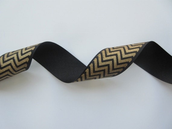 Gold and Black Chevron Ribbon Metallic Wired Ribbon 1 1/2 Inch Wide  Grosgrain Ribbon Gift Wrap Gift Basket Wreath Holiday Home Decor LF004 