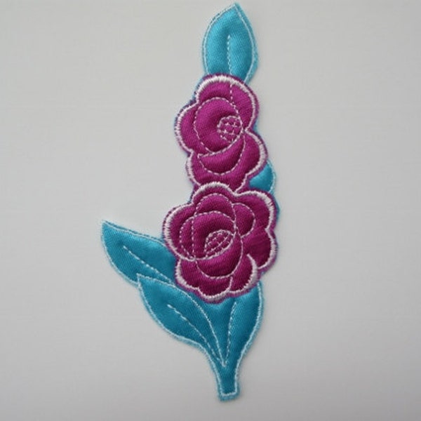 Aqua Blue and Fuchsia Embroidered Tricot Flower Applique 5 3/4" inch by 2 3/4" inch Wedding Applique Clothing Sewing Patch Lingerie AP013