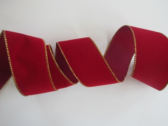 Red Velvet Ribbon Wired 2 1/2 Inch Wide Gold Edges Christmas