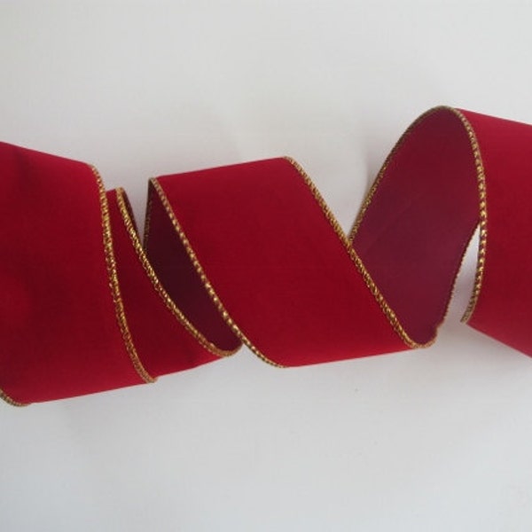 Red Velvet Ribbon Wired 2 1/2" inch wide Gold Edges Christmas Ribbon Holiday Ribbon Wreath Ribbon Gift Wrap Center Piece  Home Decor  LC006