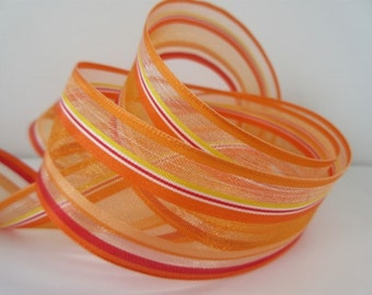 Orange Stripe Fall Ribbon Wired 1 1/2" inch wide Semi Sheer Autumn Ribbon Gift Wrap Bow Gift Basket Wreath Ribbon Center Piece Decor  LF021