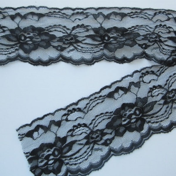Black Lace Trim Ribbon By the Yard 3 1/2" inch wide Sewing Trim  Floral Lace Flower Gift Wrap Gift Basket Wedding Bridal Home Decor WL003