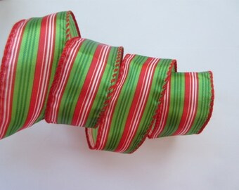 Red and Green Christmas Ribbon Stripe Wired 1 1/2" inch wide Holiday Ribbon Wreath Ribbon Gift Wrap Gift Basket Tree Decor Home Decor lc093