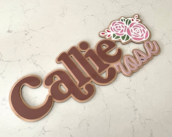 Custom Baby Name Sign, Rose Floral Sign, Nursery Wall Art, Baby Shower Gift, Girls Room Decor, Wood Acrylic Layered Name Sign, 12-24 Inches