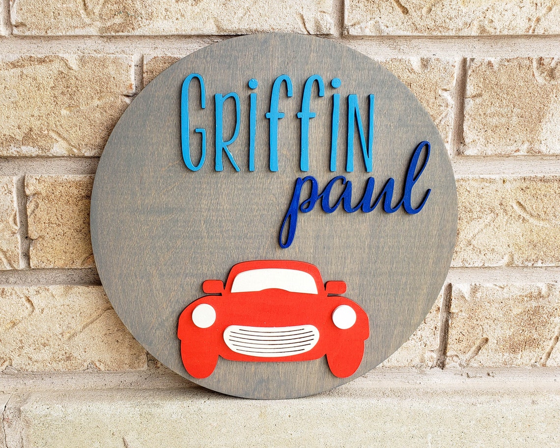 Vintage Car Round Name Sign Wooden Name Art for Boy Nursery Etsy