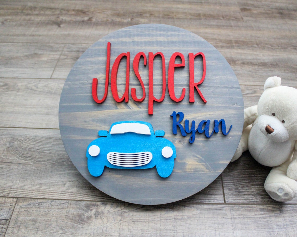 Vintage Car Round Name Sign Wooden Name Art for Boy Nursery Etsy