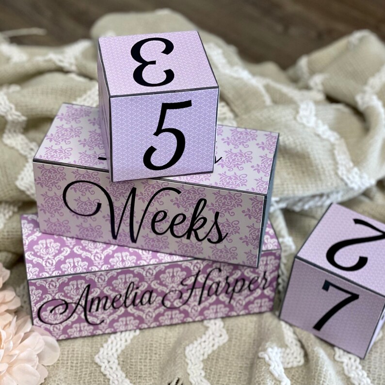 Baby Age Blocks With Name, Pregnancy Growth Photo Prop, Newborn Gift, Baby Girl Milestone Wood Blocks, New Mom Baby Shower Gift, Purple Grey image 4