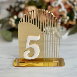 Gold Mirror Acrylic Arch Table Numbers: Mid-Century Modern Wedding Decor