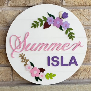 Custom Baby Name Floral Round Sign, Personalized Floral Nursery Wall Décor, Shiplap Circle Wood Sign, Baby Shower Gift, Wood Name Cut-out