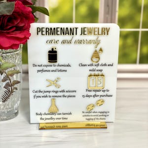 Permanent Jewelry Care & Warranty Sign, Acrylic Display For Permanent Jewelry Business, Table Top Display Sign With 3D Icons And Words