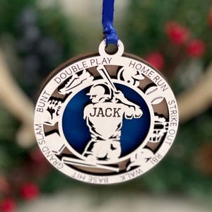 Personalized Baseball Ornament: Engraved Wood, Custom Name & Number