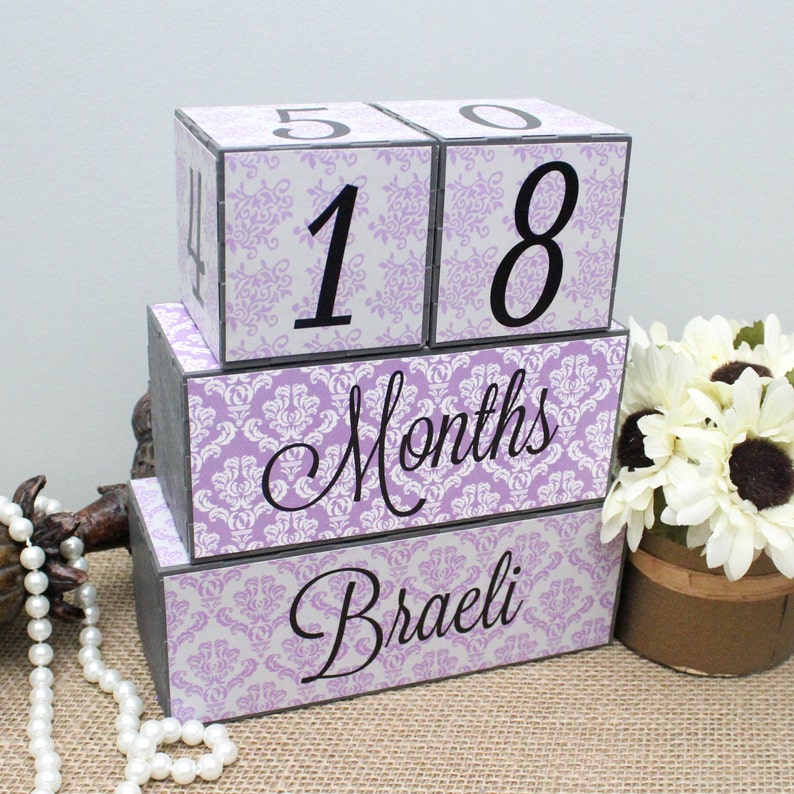 Baby Age Blocks With Name, Pregnancy Growth Photo Prop, Newborn Gift, Baby Girl Milestone Wood Blocks, New Mom Baby Shower Gift, Purple Grey image 6