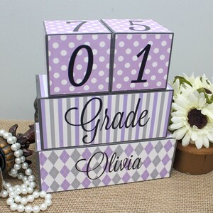 Baby Age Blocks With Name, Pregnancy Growth Photo Prop, Newborn Gift, Baby Girl Milestone Wood Blocks, New Mom Baby Shower Gift, Purple Grey image 9