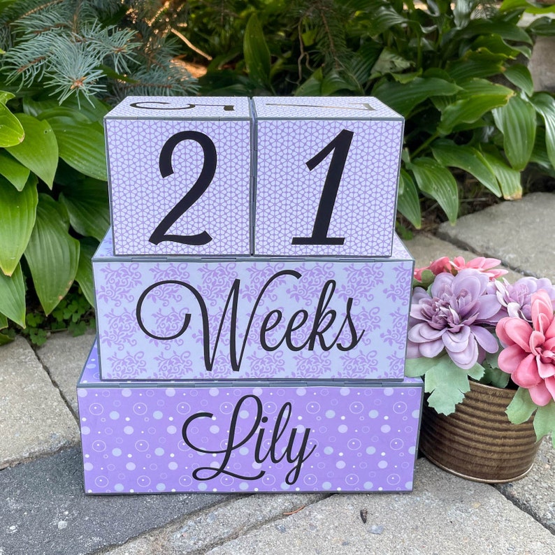 Baby Age Blocks With Name, Pregnancy Growth Photo Prop, Newborn Gift, Baby Girl Milestone Wood Blocks, New Mom Baby Shower Gift, Purple Grey image 3