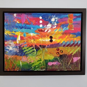 Colorful Horizons 18&quot;X14&quot; Acrylic Abstract Painting Framed With Custom Black Wood