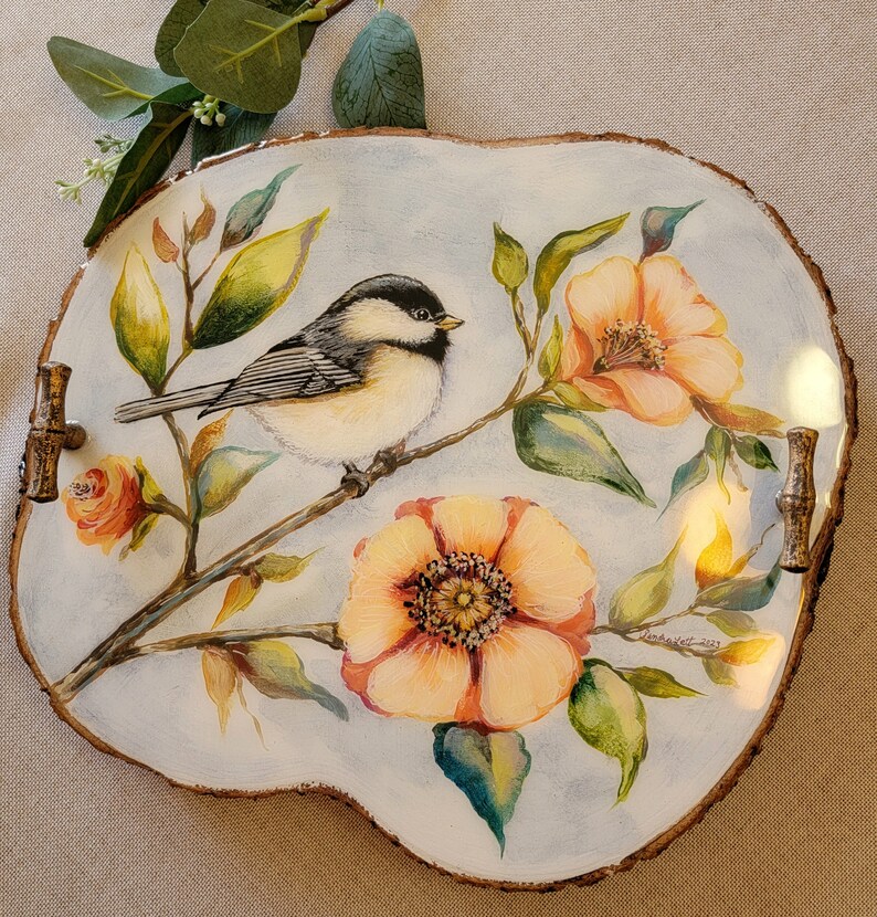 12x11 Chickadee Handpainted Wood Slab Tray With Resin Finish