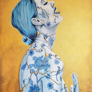 May include: A painting of a woman with blue hair and a cracked porcelain skin. The cracks are filled with gold paint and the woman is decorated with blue and white floral patterns. The woman is laughing with her head tilted back.