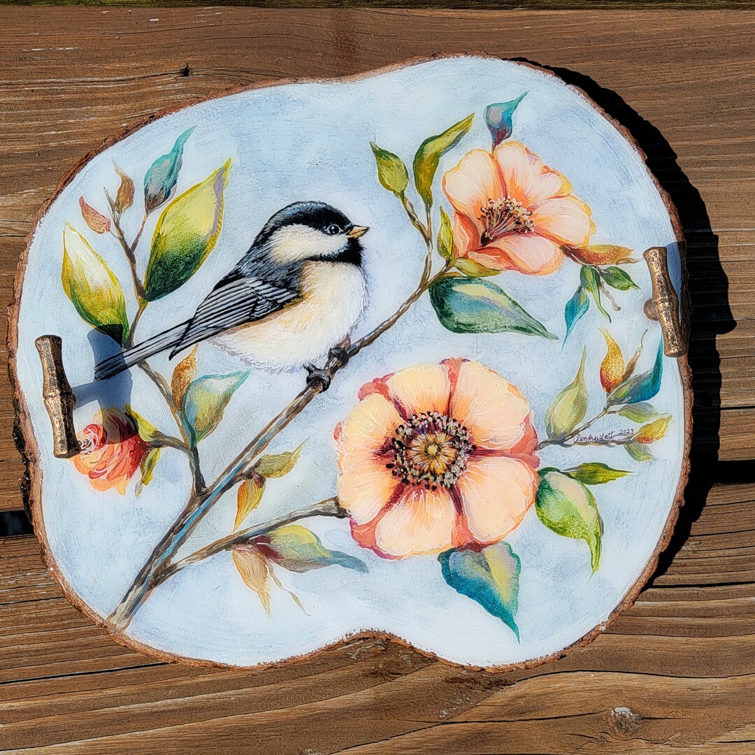 12x11 Chickadee Handpainted Wood Slab Tray With Resin Finish
