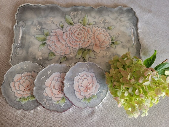 Hand-Painted Floral Resin Tray and Coaster Set, Silver Gray Shimmer
