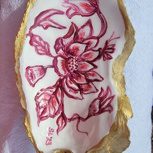 Kintsugi Inspired Red White & Gold Edges Floral Hand-painted Design 5&quot; Natural Oyster Shell sealed with Resin