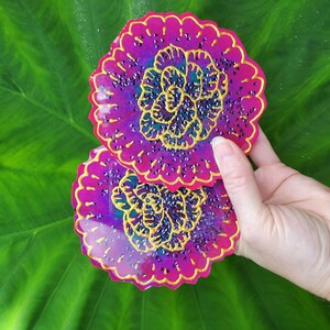 Jeweled Pair of 5&quot; Resin Hand Painted Coasters & Feather Trinket Dish All Heat and Water Resistant