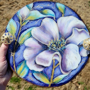 Gorgeous Purple Abstract Floral 11&quot;X11&quot;X1.5&quot; Hand-Painted and Resined Wood Slice Tray with Metal Knobs. Decorative and Functional
