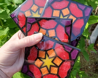 Stained Glass Effect Resin Coasters, Patterned Cork Bottom
