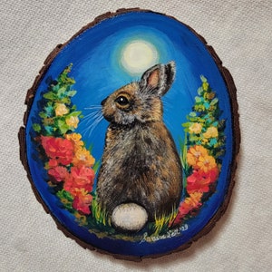 Moon Bunny   Hand-Painted Sunflower on 7&quot; Wood Slice that is signed, sealed and ready to hang.