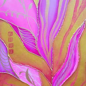 May include: Abstract painting with pink, purple, and gold leaf accents. The painting features a stylized floral design with flowing lines and curves.