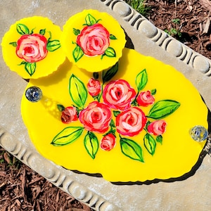 Hand-Painted Floral Resin Tray with Crystal Knobs & Coasters