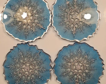 Custom Snowflake Resin Coasters with Silver Shimmer, Set of 4