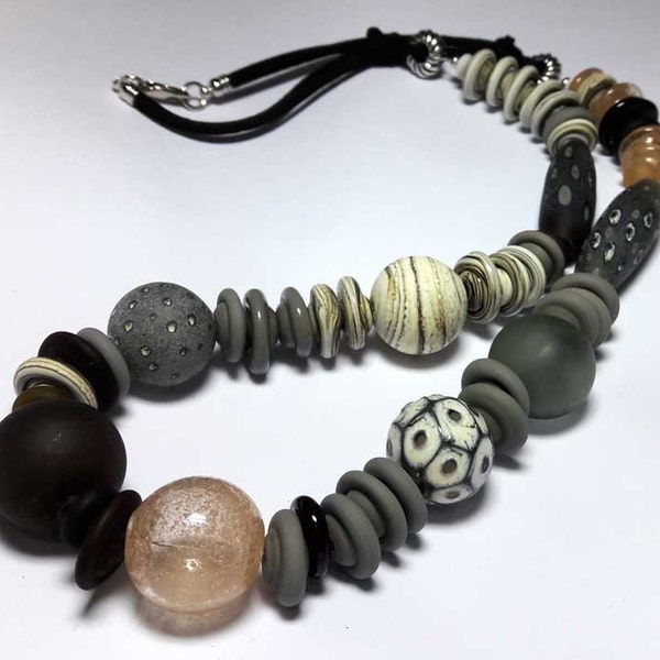 Beaded Jewelry Handmade Lampwork Necklace Grey, brown, white. Frosted beads Hollow balls. Beads  ivory, gray, pink, black, maroon.