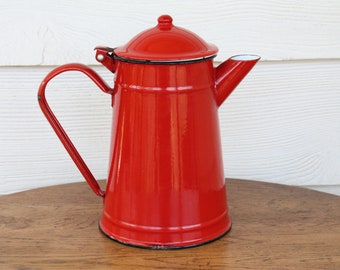 Vintage Enamel Coffee Pot ~ Bright Red Rustic ~ Farmhouse Kitchen ~ Collectable Kitchenalia