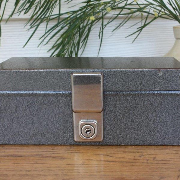 Steel Cash Box Rustic Vintage ~ Cheney England Grey Cash Tin with Tray ~ Vintage Patina Industrial Decor Gift for Him