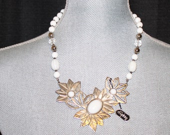 Dauplaise Necklace, Large Metal Floral Design, Beaded, NOS