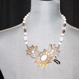 Dauplaise Necklace, Large Metal Floral Design, Beaded, NOS