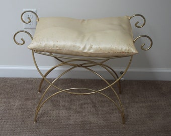 Vintage Gold Metal Wire Vanity Stool , Chair, Seat, Bench, Hollywood Glam