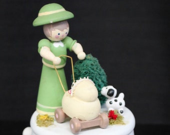 Ebeling and Reuss Spring Memories, Music Box, Wood Figurine, Plays Mozart's Lullaby, Mom and Baby Carriage