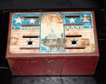 Vintage Tin Lithograph Budget Bank, Bank, Coin Bank, Still Bank