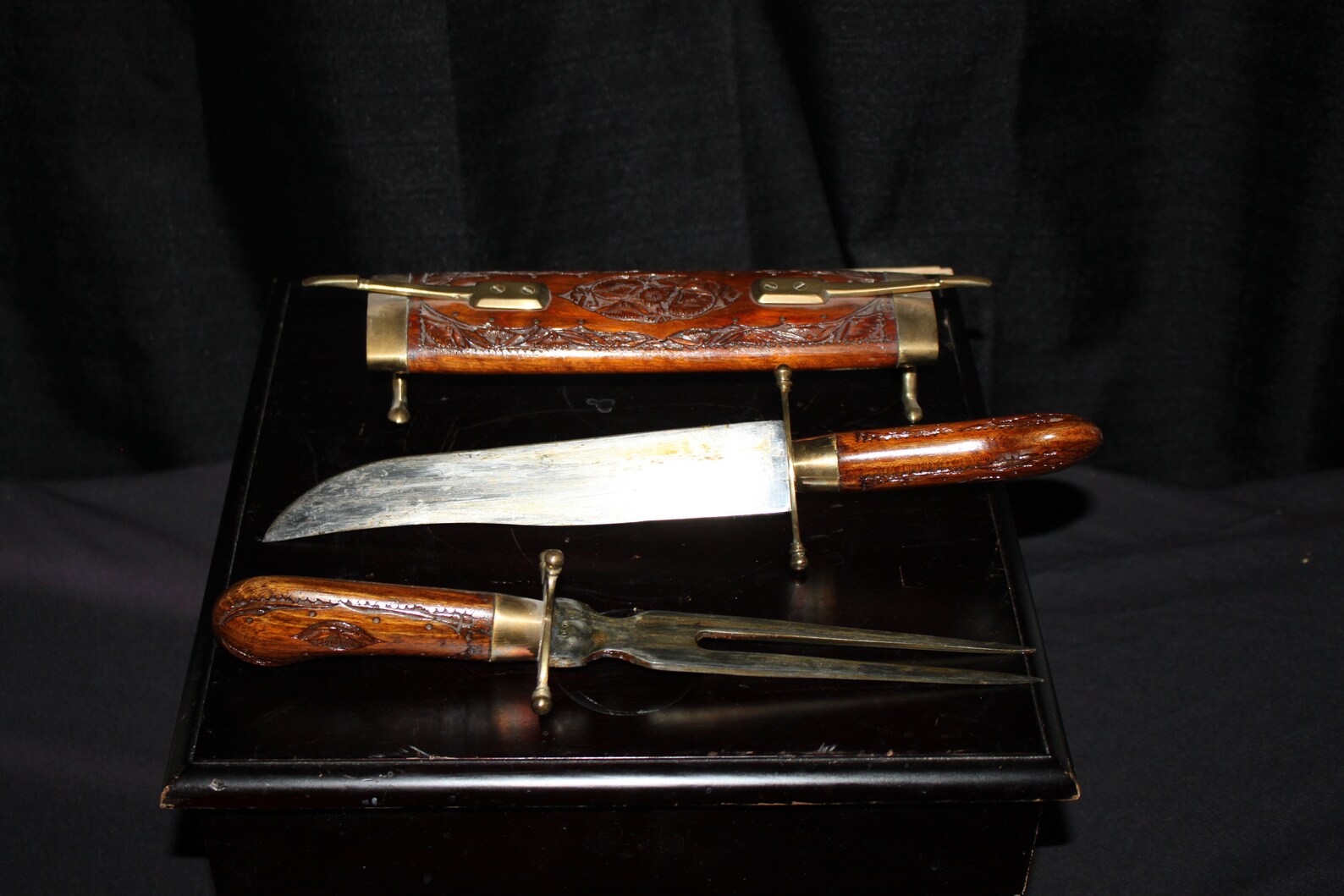 Brass and Wood Carved Fork and Knife Set in Sheath India Etsy