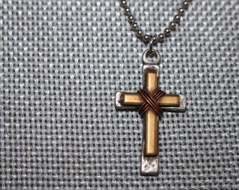 Pretty Silver and Bronze Color Roped Cross, Crucifix Necklace 23" ball Chain, Roped Cross