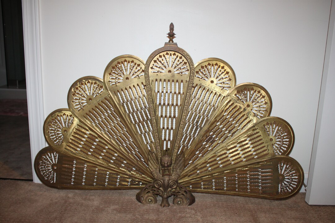 Vintage Brass Fireplace Fan Screen, Peacock Fan, Fold Out Etsy
