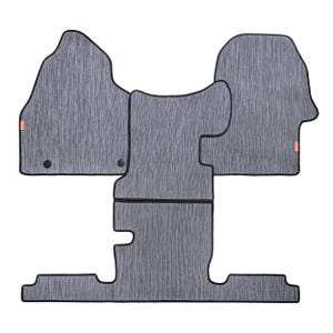 May include: A set of gray car floor mats with black edging. The mats are designed to fit the front and back of a van.