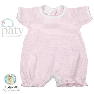 May include: A pink and white striped baby onesie with short sleeves and a ruffled bottom. The onesie has a white trim around the neckline and a small white label with the word "paty" on it.