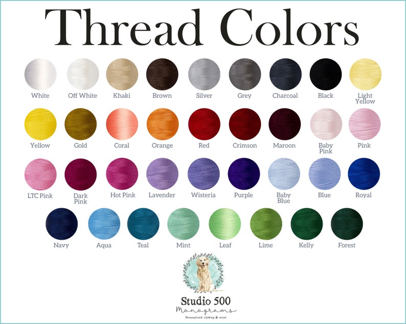 May include: A chart of 36 different thread colors, including white, black, red, blue, green, yellow, pink, and purple. The chart is labeled "Thread Colors".