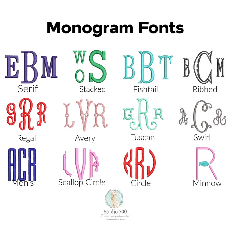 May include: A chart showing different monogram fonts, including Serif, Stacked, Fishtail, Ribbed, Regal, Avery, Tuscan, Swirl, Men's, Scallop Circle, Circle, and Minnow. The fonts are shown in different colors and styles.