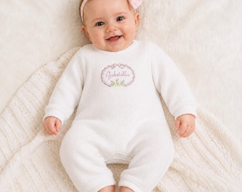 Paty White Long Sleeve Romper, PINK TRIM
