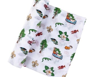 Louisiana Baby Swaddle: Bamboo Cotton Muslin Gauze, Alligator Fleur-de-lis Print